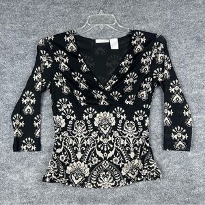 Worthington black floral long sleeve blouse L